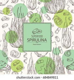 Background with spirulina: spirulina algae, pills and spirulina powder. Superfood. Vector hand drawn illustration.