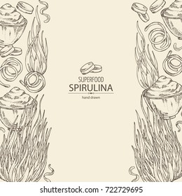 Background with spirulina: spirulina algae, pills and powder. Superfood. Vector hand drawn illustration.