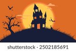 Background Spooky halloween theme orange sky with large cloudy full moon, big house, bat, gravestone, creepy tree and a copy space area. Suitable to use for Halloween celebration in October.