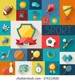 Background with sport icons in flat design style.