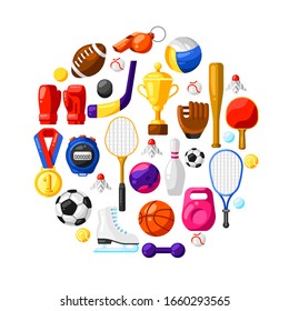 Background with sport icons. Stylized athletic equipment illustration.