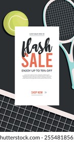 Background for Sport shopping sale.Vertical sport social media stories template.Tennis banners,illustrations with racket and ball.Event invitation,ad.Special offer text on ribbon.