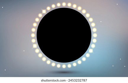 Background with spotlight. Festival night show banner. Circle retro frame with glowing lamps. Vector illustration with shining lights