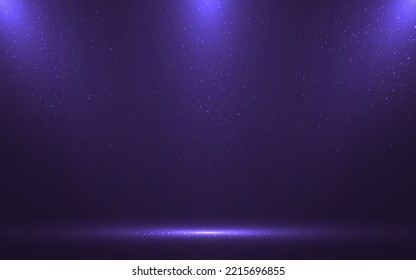 Background spotlights. Award ceremony template. Stage light with particles. Rays and glitter effect on dark backdrop. Empty space for product display. Vector illustration.