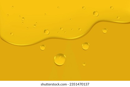 Background with spreading yellow petrol spots.Set of liquid golden drops of water, honey or oil. Collagen cosmetic essence. Organic serum or argan bubbles.