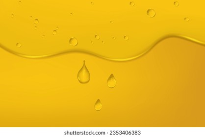 Background with spreading yellow petrol spots.Set of liquid golden drops of water, honey or oil. Collagen cosmetic essence. Organic serum or argan bubbles.