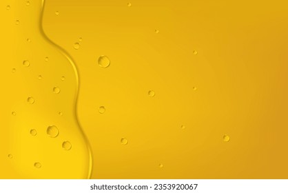 Background with spreading yellow petrol spots.Set of liquid golden drops of water, honey or oil. Collagen cosmetic essence. Organic serum or argan bubbles.