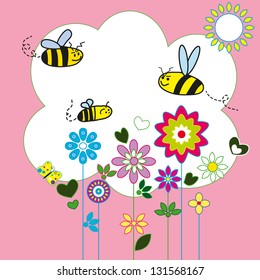 background spring of colorful flowers bees