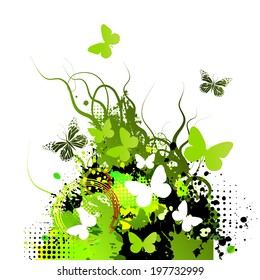 Background with spring floral design with butterflies. Vector 