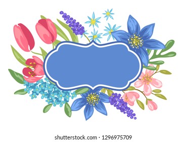 Background with spring flowers. Beautiful decorative natural plants, buds and leaves.
