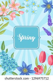 Background with spring flowers. Beautiful decorative natural plants, buds and leaves.