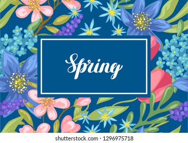 Background with spring flowers. Beautiful decorative natural plants, buds and leaves.