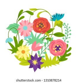 Background with spring flowers. Beautiful decorative natural plants, buds and leaves.