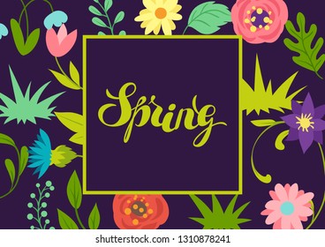 Background with spring flowers. Beautiful decorative natural plants, buds and leaves.