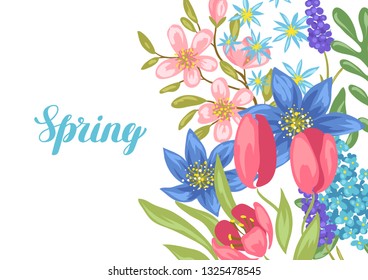Background with spring flowers. Beautiful decorative natural plants, buds and leaves.