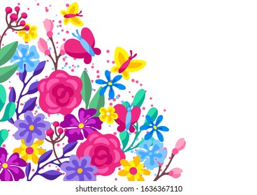 Background with spring flowers. Beautiful decorative natural plants, buds and leaves.