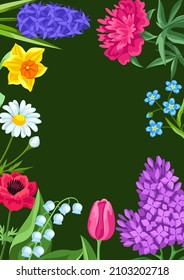 Fondo con flores primaverales. Hermoso ramo decorativo de plantas florecientes.