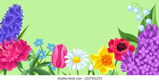 Background with spring flowers. Beautiful decorative bouquet of blooming plants.