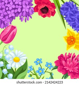Background with spring flowers. Beautiful decorative bouquet of blooming plants.