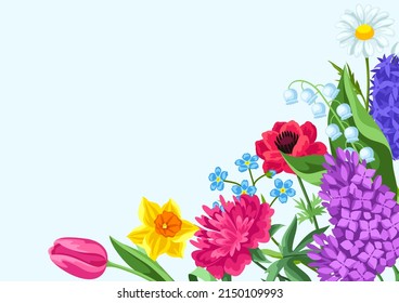 Background with spring flowers. Beautiful decorative bouquet of blooming plants.