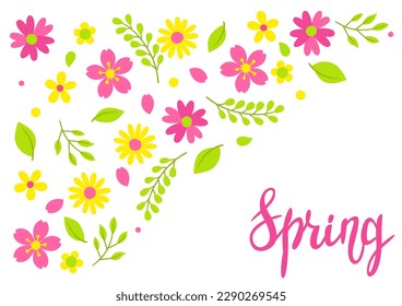 Background with spring flowers. Beautiful decorative natural plants, buds and leaves.
