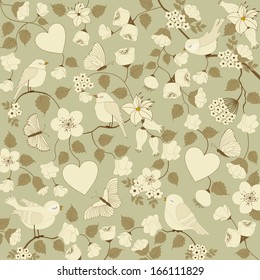Background of spring flowers with leafs and birds and butterflies