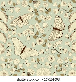 Background of spring flowers with leafs and butterflies