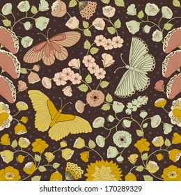 Background of spring flowers with leafs and butterflies