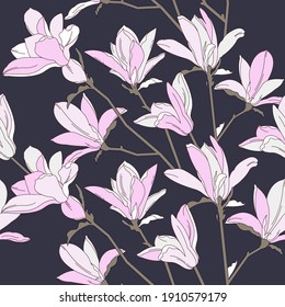 Background with spring flowers. Magnolia flowers. Vector illustration. Template for a postcard or poster. Floral prints.