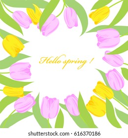 Background with spring flowers, red and yellow tulips and daffodils, template for advertising, cards, invitation, vector illustration
