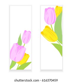 Background with spring flowers, red and yellow tulips and daffodils, template for advertising, cards, invitation, vector illustration