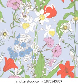 The background with spring flowers is seamless. Delicate floral wind pattern for fabric.