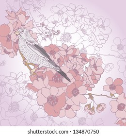 background with spring flowers and songbird