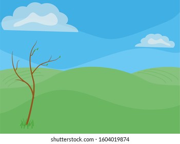 Background. Spring landscape. The sky is blue with clouds. Hilly surface with green color. Green leaves are blooming on the tree. Form, template for registration. Available space.
