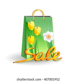 Background for spring sales. Shopping bag with printed flowers. Sale word.