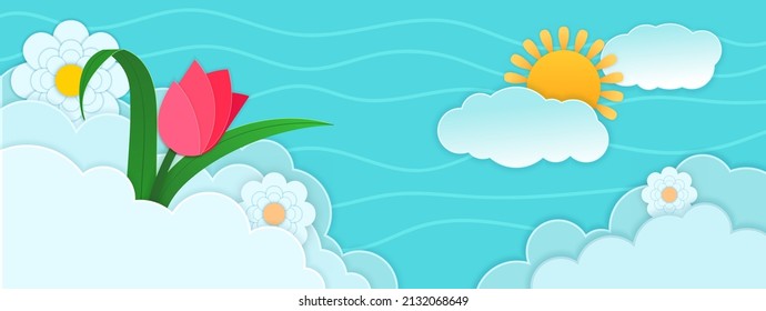 Background spring season with Tulip Flower for greeting card, invitation template. Paper cut clouds and pink tulip flower banner March 8 International Women's Day template background