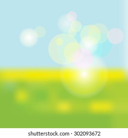 Background spring, summer, meadow. glare, lights, yellow, green, abstract, mixing, transparency, perspective, vector, banner, illustration