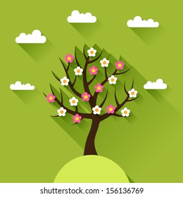 Background with spring tree in flat design style.