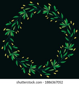 Background with spring wreath; greenery frame on black background for greeting cards, invitations, posters, banners.