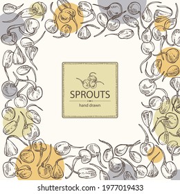 Background with sprouts: seedlings of various cereals and legumes. Superfood. Vector hand drawn illustration