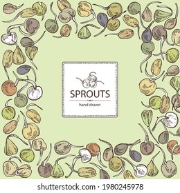 Fondo con brotes: plántulas de diversos cereales y leguminosas. Supercomida. Ilustración dibujada a mano por el vector