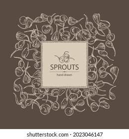 Fondo con brotes: plántulas de diversos cereales y leguminosas. Supercomida. Ilustración dibujada a mano por el vector