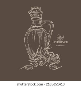 Background with sprouts of wheat germ and bottle of wheat germ oil. Vector hand drawn illustration.
