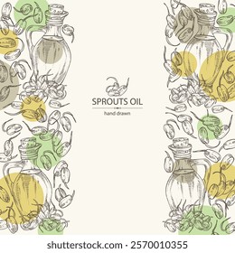 Background with sprouts of wheat germ and bottle of wheat germ oil. Vector hand drawn illustration.