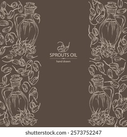 Background with sprouts of wheat germ and bottle of wheat germ oil. Vector hand drawn illustration.