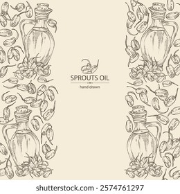 Background with sprouts of wheat germ and bottle of wheat germ oil. Vector hand drawn illustration.
