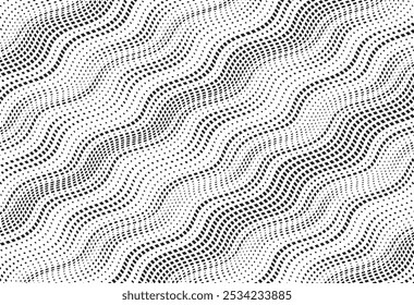 Background with square dot diagonal wavy lines. Twisted duo tone backgrounds. Abstract pattern from lines, halftone effect. Minimalist design template for poster, banner, cover, postcard.