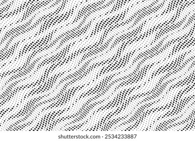 Background with square dot diagonal wavy lines. Twisted duo tone backgrounds. Abstract pattern from lines, halftone effect. Minimalist design template for poster, banner, cover, postcard.