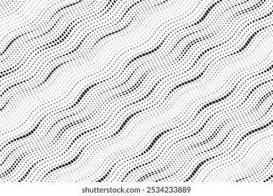 Background with square dot diagonal wavy lines. Twisted duo tone backgrounds. Abstract pattern from lines, halftone effect. Minimalist design template for poster, banner, cover, postcard.