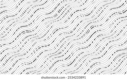 Background with square dot diagonal wavy lines. Twisted duo tone backgrounds. Abstract pattern from lines, halftone effect. Minimalist design template for poster, banner, cover, postcard.